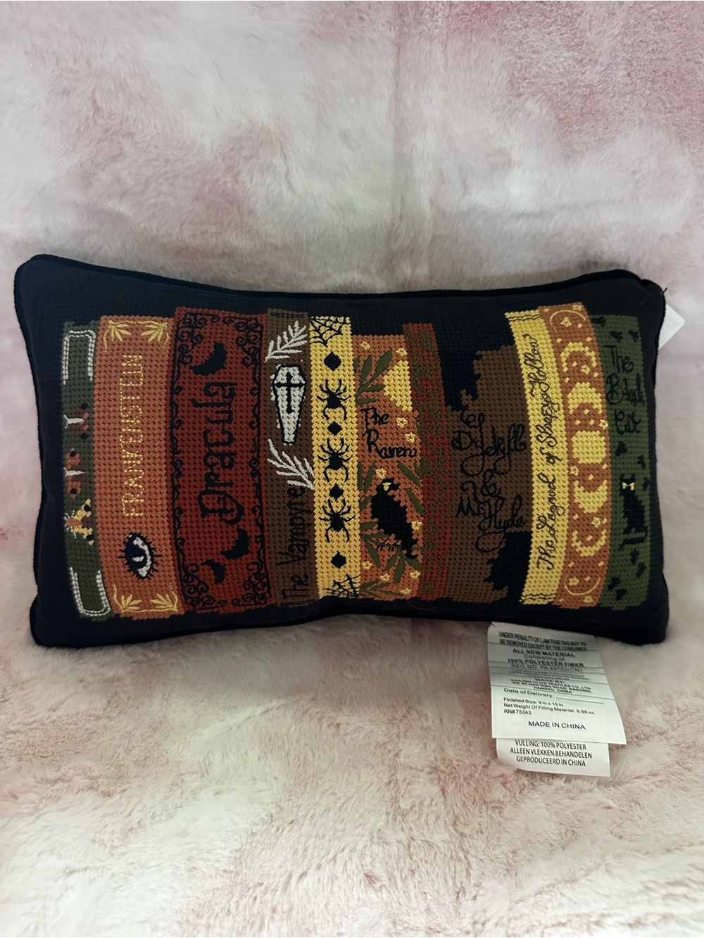 Halloween Horror Books Stack - Black Needlepoint Decorative Pillow NWT